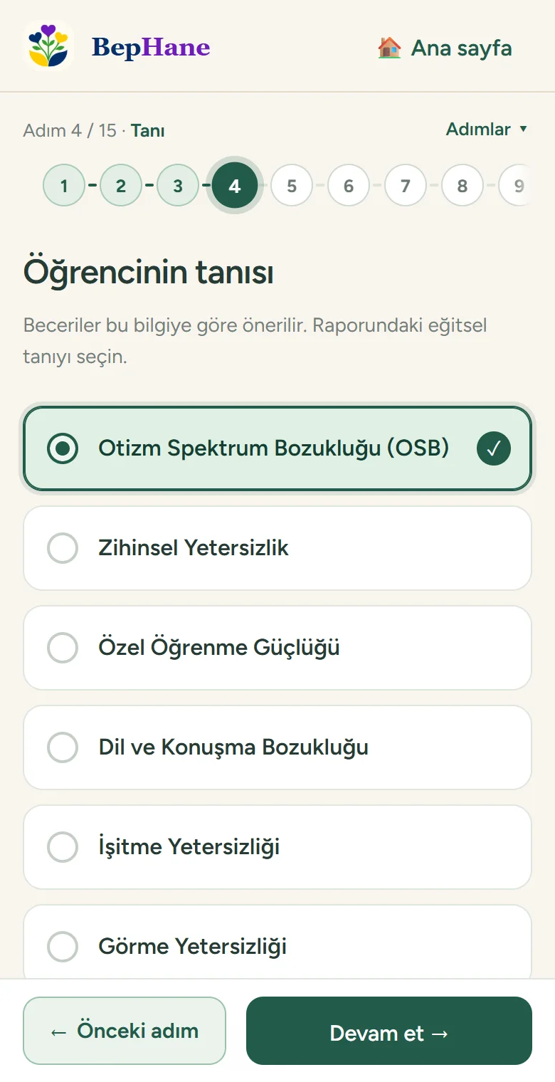 BepHane’de “Öğrencinin tanısı” ekranı: Otizm Spektrum Bozukluğu seçili, altında diğer tanılar.