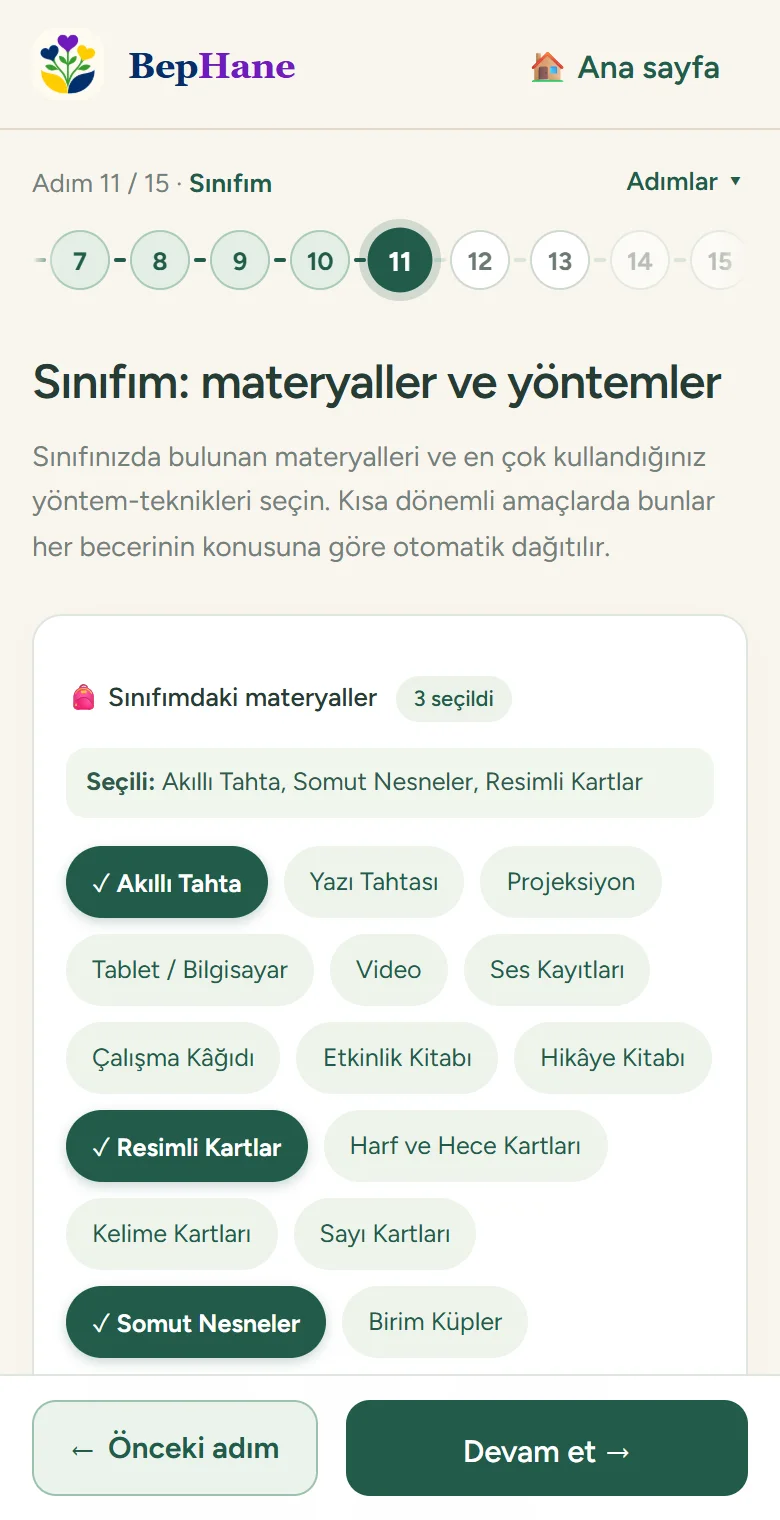 “Sınıfım” ekranı: Akıllı Tahta, Resimli Kartlar ve Somut Nesneler seçili materyal listesi.