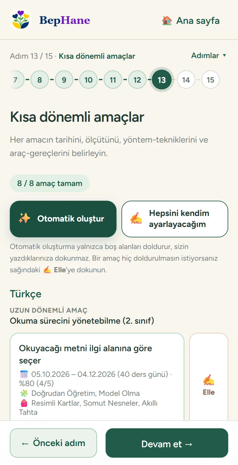 “Kısa dönemli amaçlar” ekranı: Otomatik oluştur ve Hepsini kendim ayarlayacağım seçenekleri, altında tarihi, ölçütü ve yöntemi yazılmış amaçlar ve Elle düğmeleri.