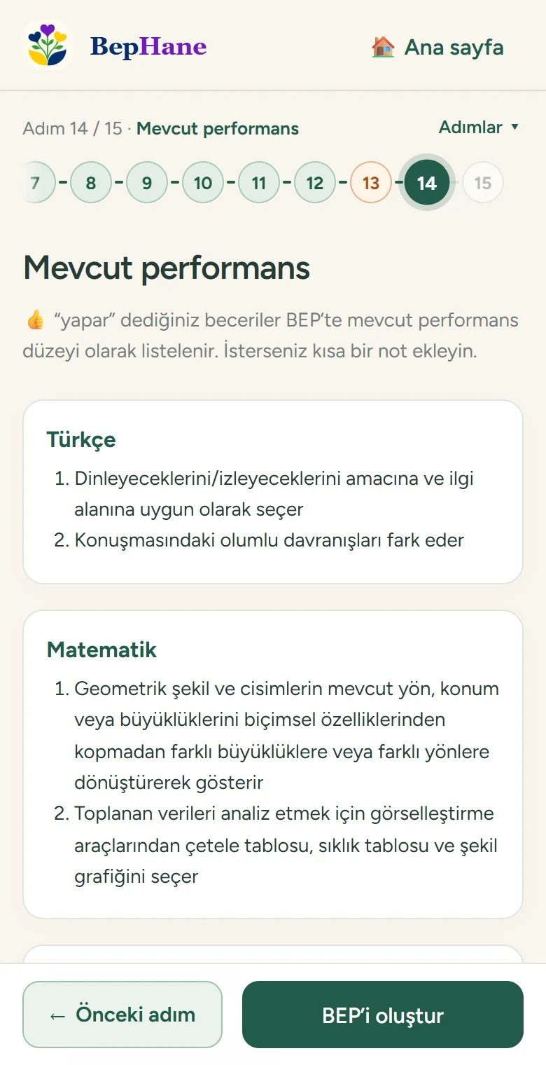 “Mevcut performans” ekranı: Türkçe ve Matematik derslerinde öğrencinin yaptığı beceriler listelenmiş.
