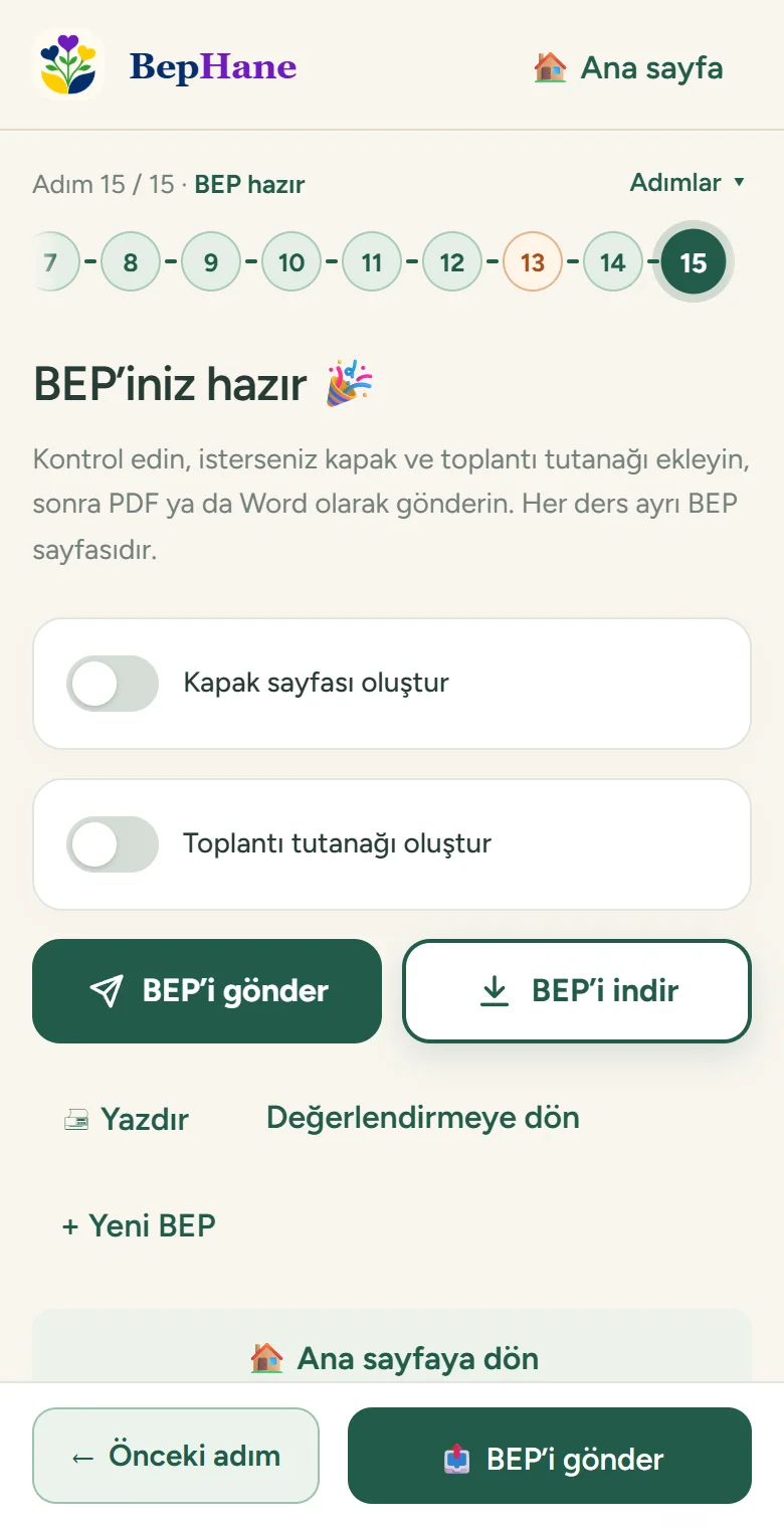 “BEP’iniz hazır” ekranı: kapak seçeneği, BEP’i gönder ve BEP’i indir düğmeleri, toplantı tutanağı.